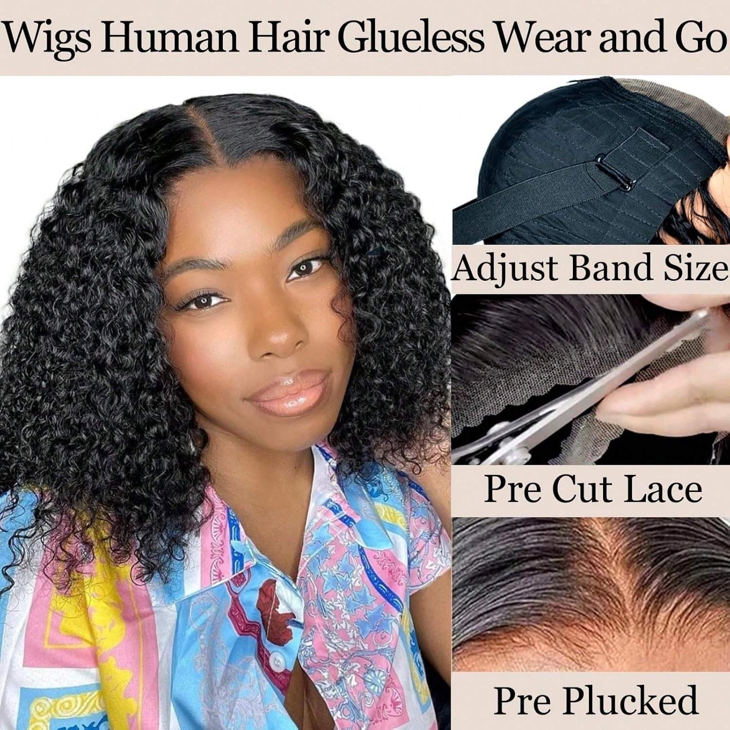 4x4 Wear and Go  Lace Closures Wigs Human Hair Natural Black Color Deep Wave  Bob Human Hair Wigs for Black Women  Wet and Wavy Human Hair Bob Wigs ,No glue,easy to wear