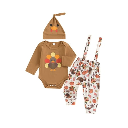 

FEORJGP Thanksgiving Clothes for Baby Boy 0-18M Infant Long Sleeve Bodysuits Turkey Print Rompers Crew Neck Jumpsuits with Overall Pants and Hat Toddler Newborn Fashion Cute Casual Outfits