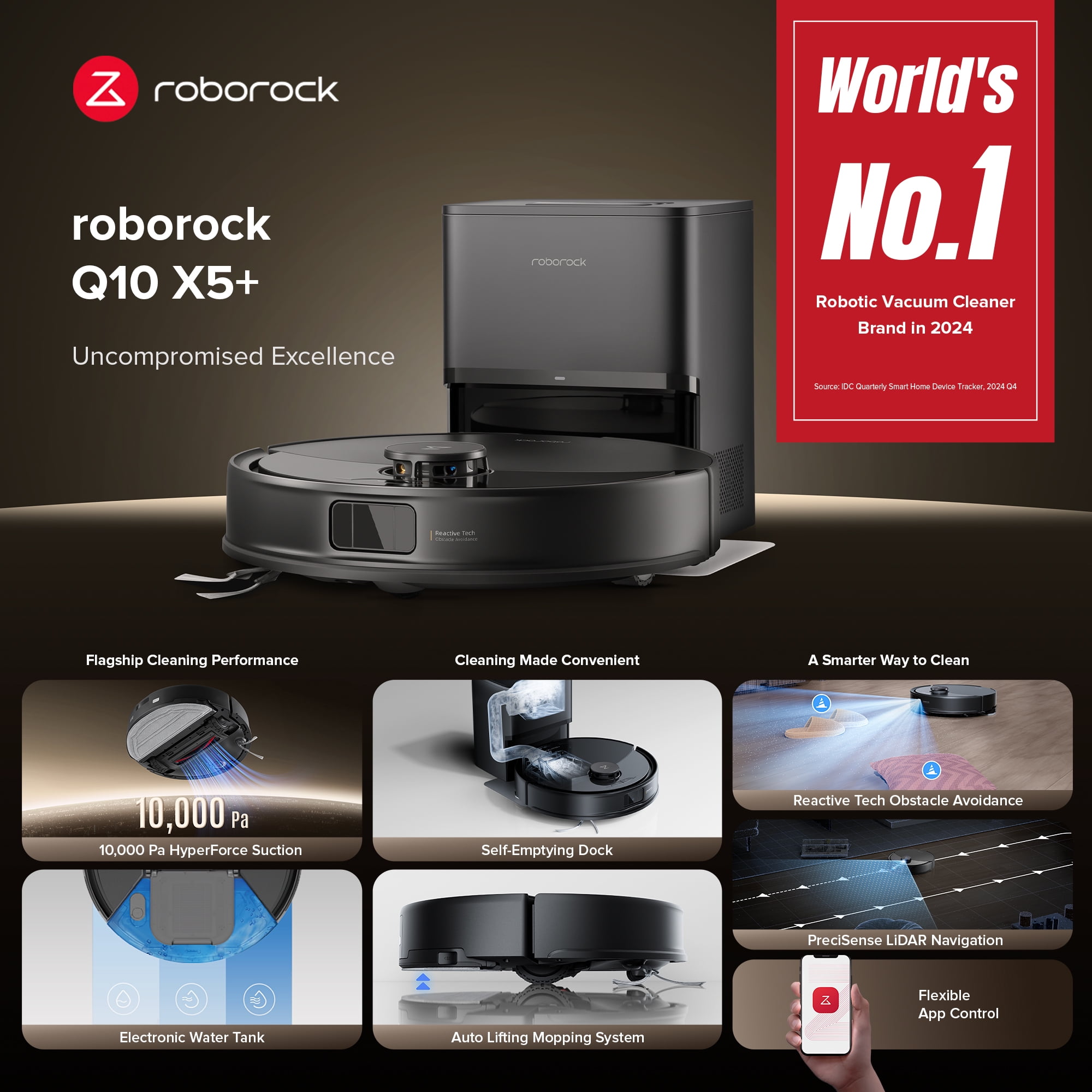 Roborock Q10 X5+ Robot Vacuum and Mop, Self-Emptying, Hands-Free Cleaning for up to 7 Weeks, 10,000Pa Suction, Obstacle Avoidance, LiDAR Navigation, No-Go Zones