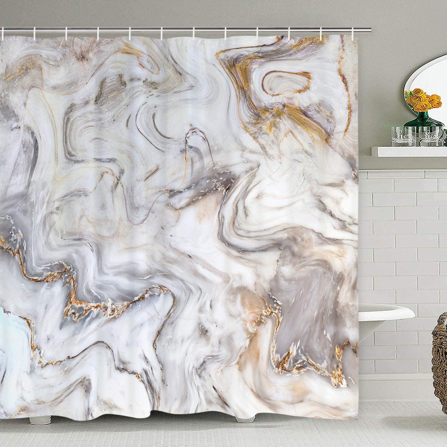 Waterproof Polyester Marble Pattern Shower Curtain 12 Hooks Bathroom Curtain 