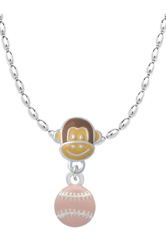 Silvertone Mini Pink Softball or Baseball Mia Monkey Charm Necklace