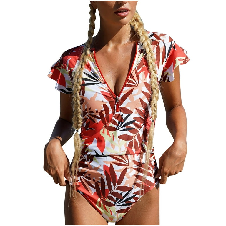 jsaierl Womens Swimsuits One Piece Quarter Zip Rash Guard Bathing Suit  Tropical Print Short Sleeve Modest Swimwear Monokini for Beach Party  Vacation