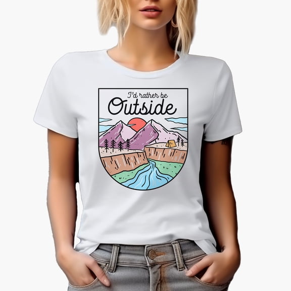 I'd Rather Be Outside with Mountains, River & Tent Outdoorsy Line Art Merch Gift, White T-Shirt, Small