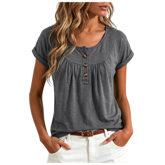 QGJZVUNL Womens Short Sleeved T Shirt Round Neck Going Out Tops with Button Casual Summer Clothes Size 2XL