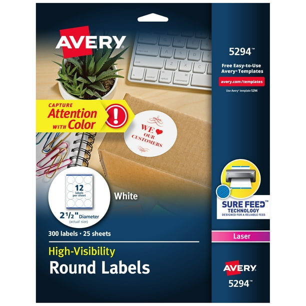 Kort geleden In werkelijkheid Vervolg Avery High Visibility Round Labels with Sure Feed for Laser Printers, 2-1/2",  300 Labels (5294) - Walmart.com