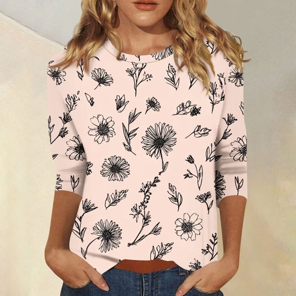 HAVUITYY Women's Spring Printed 3/4 Sleeve Sweaters, Vintage Oil Painting Womens Crew Neck Tops, Party Cut Out Tops, Casual Cool Fitted T-Shirts for Women