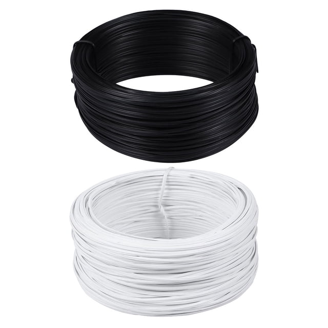 2 rollos de alambre recubierto de pvc para encuadernación de alambre de jardín, alambre de hierro para plantación — dos carretes frontales, uno negro arriba y uno blanco abajo; alambre delgado con revestimiento PVC liso enrollado en bobinas, tamaño fino según especificaciones, ideal para arreglos florales, fijar musgo y manualidades; a menudo usado también para atado de jardín y embalaje ligero.