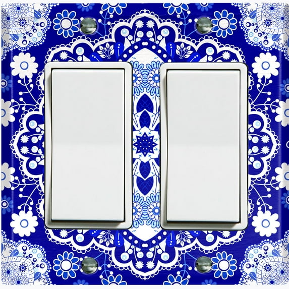 Metal Light Switch Plate Cover Blue White Snowflake Mandala Tile Pattern MDL086