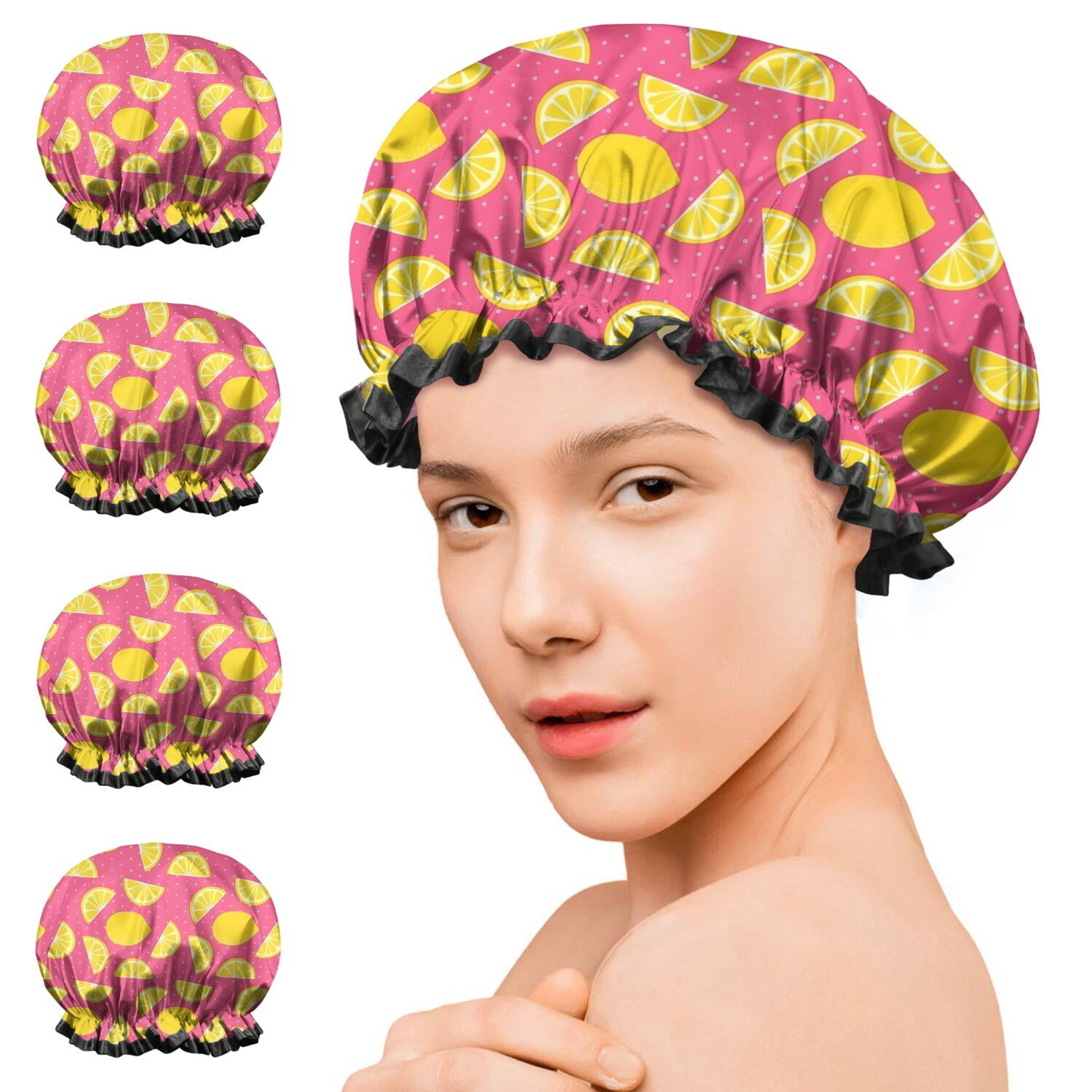 Shower Caps,Yellow Lemon Fruit Slices Pink Pattern Waterproof Shower Cap for Women 4 Pieces,Double Reusable Hair Cover for Shower PEVA Elastic Stretch Hem