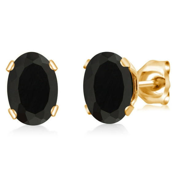 Gem Stone King Black Onyx Yellow Gold Plated Stud Earrings for Women Men (1.40 Cttw, Gemstone December Birthstone, Oval 7X5MM)