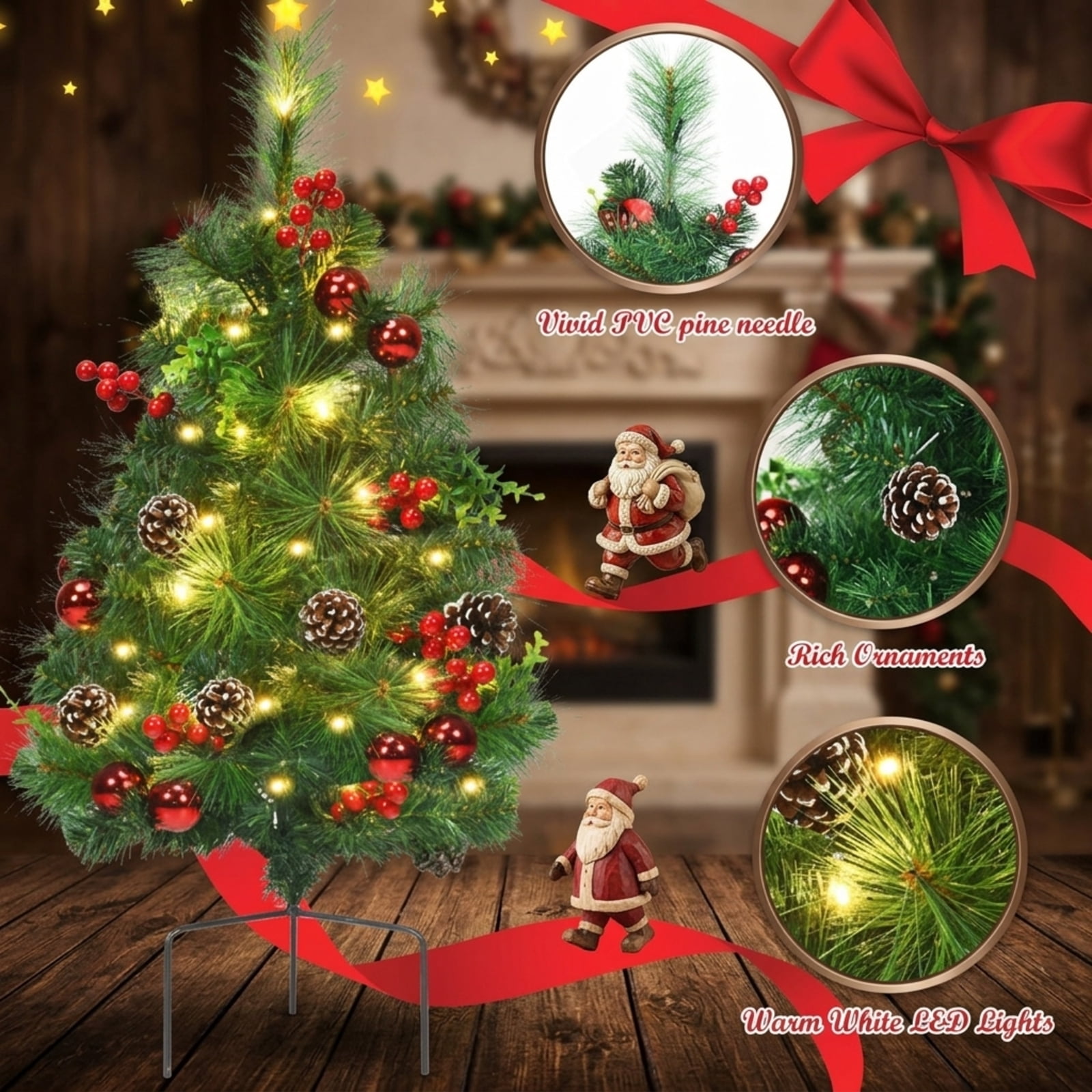 RUIE, 29 in, Artificial Christmas Tree, with LED Fiber Optic Lights, Green Holiday Xmas Tree for Indoor Home Office Decoration