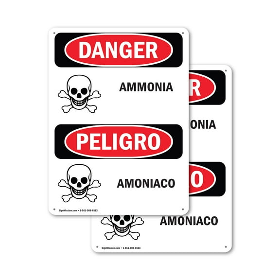 (2 Pack) Ammonia - Amoniaco OSHA Danger Sign 12 Inch X 18 Inch Indoor / Outdoor Rust-Free Aluminum Metal Signs for Workplace, Workshop, and Construction Site, Made in the USA