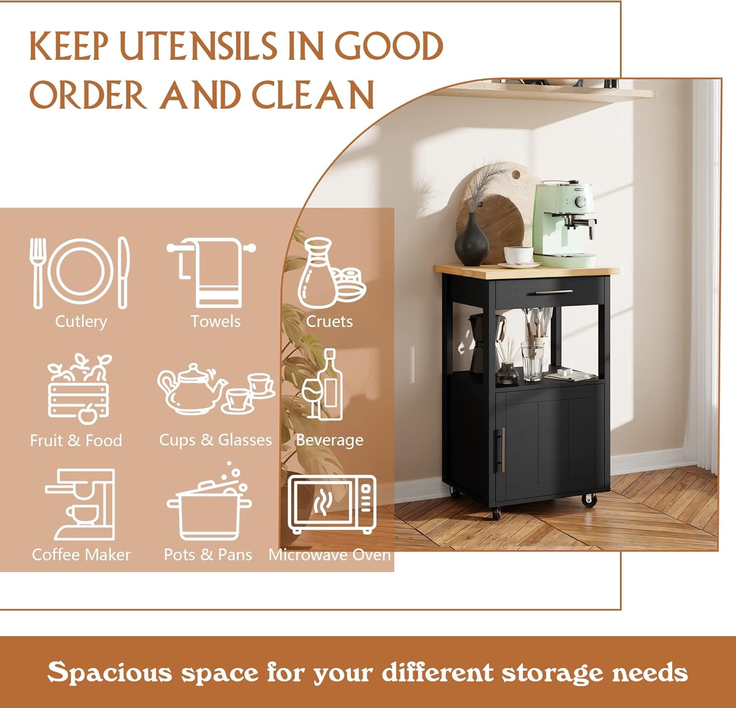 22" Kitchen Island on Wheels with Storage Cabinet Kitchen Cart Cabinet with Shelves, Cart Handle for Towel Rack or Free Mobility, Portable Islands for Kitchen,Black