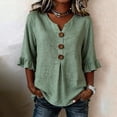 thumbnail image 2 of Women Casual Cotton Linen V Neck 3/4 Sleeve Button Decor Loose Fit Summer Blouse Top, 2 of 9