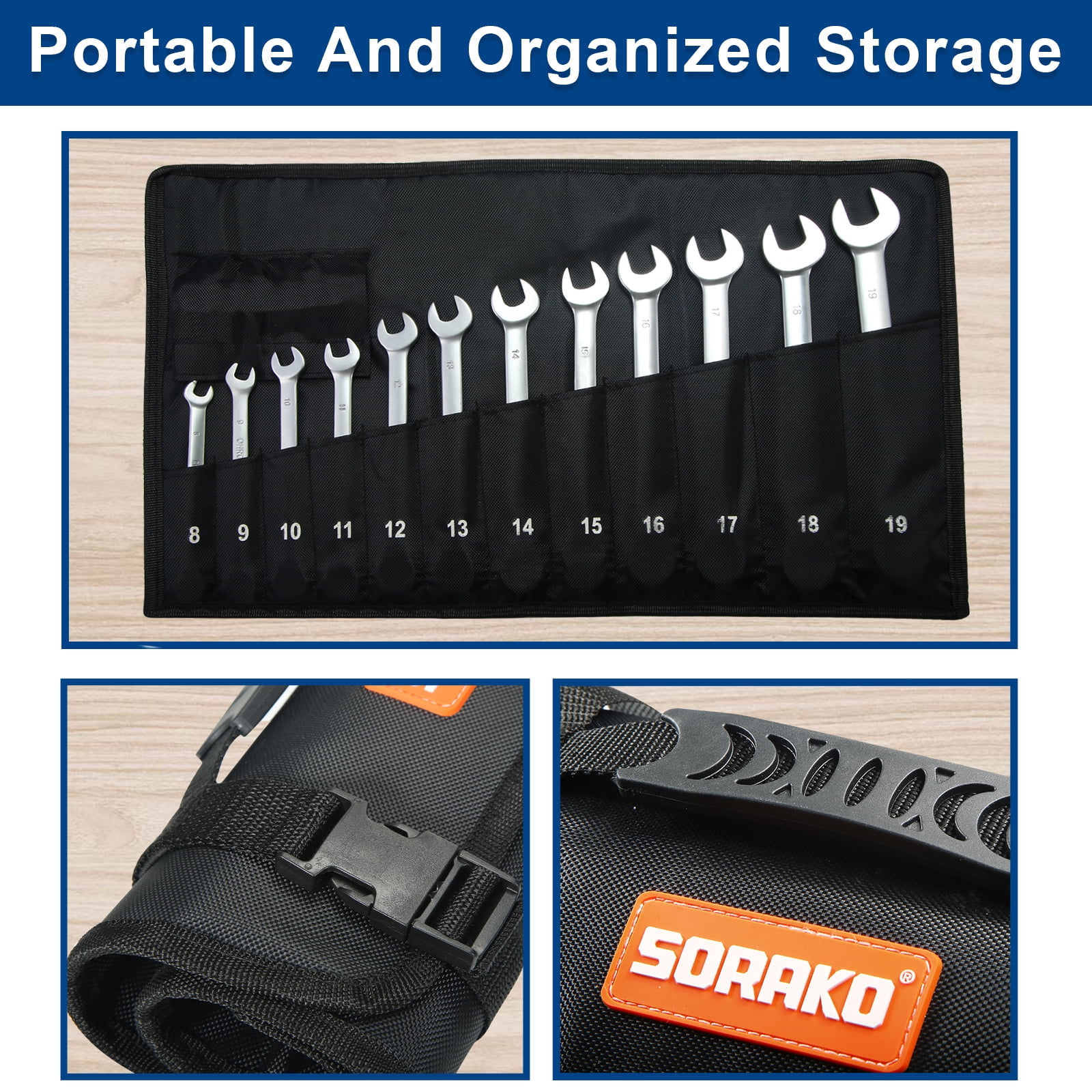 SORAKO 16pcs Ratchet Wrench Set 72 Tooth 1/4-13/16 Combination Spanner