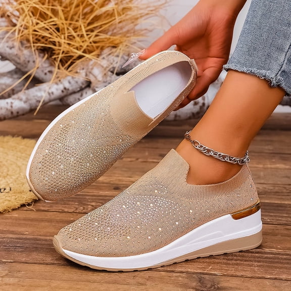 DIVVce Rhinestone Knit Sneakers For Women Slip On Comfortable Wedge Heel Casual Footwear