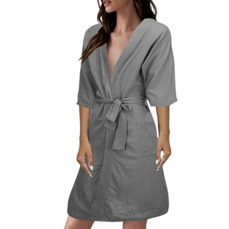 

Women Short Sleeve Long Bathrobe Home Clothes Solid Color Linen Pajamas Robe Nightwear Sleepwear Night-clothes Pajamas Nighty
