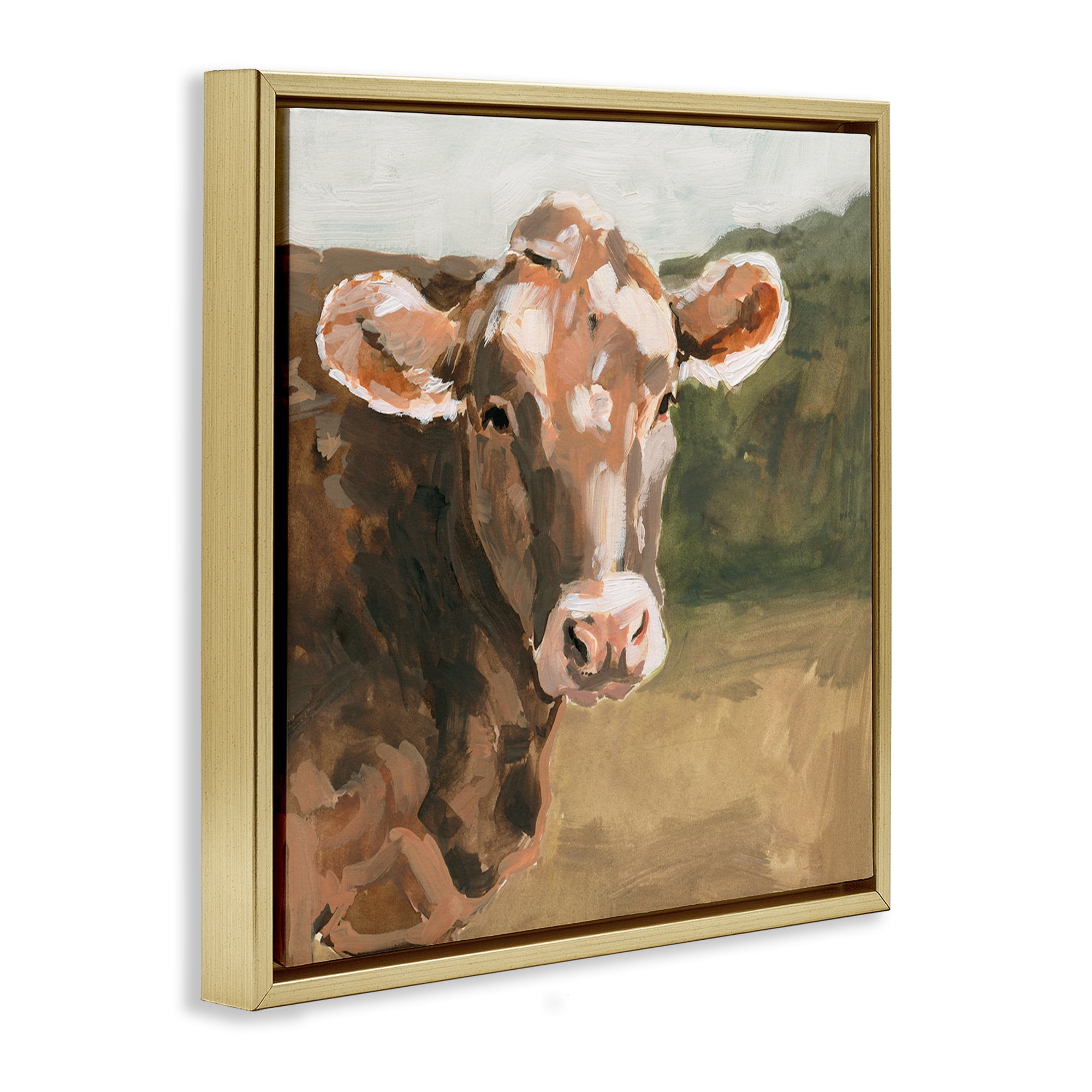 Stupell Industries Soft Country Meadow Cow Animals & Insects Painting Gold Floater Framed Canvas Art Print Wall Art, 25 x 25