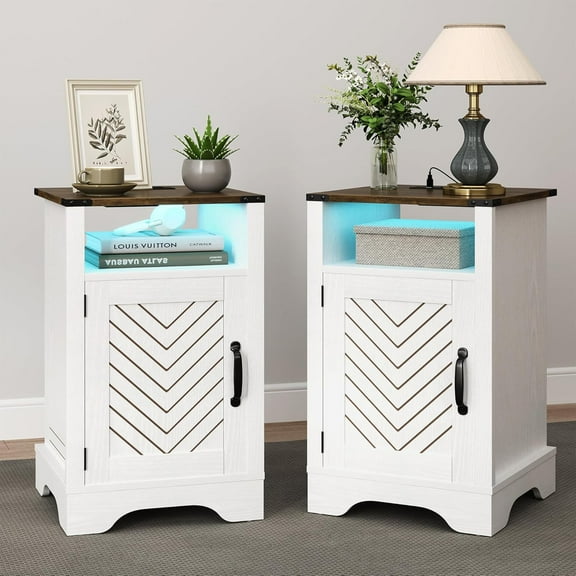 RoyalCraft Farmhouse Nightstand w/ LED Lights & Charging Station, Set of 2, Antique White