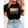 thumbnail image 1 of Women's "Happy Easter" Graphic T-Shirt - Casual Black Tee with Colorful Eggs and Bunnies, Short Sleeve, Round Neck, Machine Washable, Casual Wear|Playful Design|Asymmetrical Hem Tee For Adult, Men, W, 1 of 6