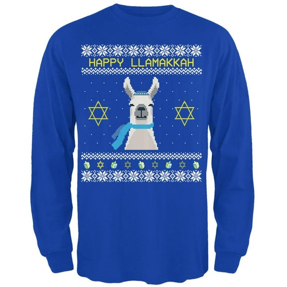 Llama Llamakkah Ugly Hanukkah Sweater Royal Adult Long Sleeve T-Shirt - 2X-Large