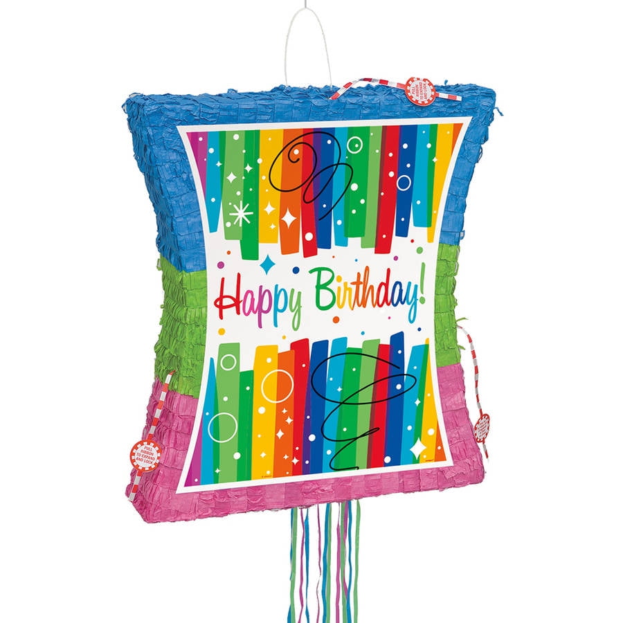 Rainbow Happy Birthday Pinata, Pull String, 18 x 15.5in