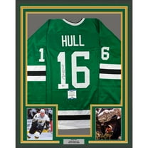 Framed Autographed/Signed Brett Hull 35x39 Dallas Green Hockey Jersey Beckett BAS COA