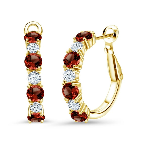 Gem Stone King 18K Yellow Gold Plated Silver Red Garnet Hoop Earrings for Women (3.62 Cttw, Gemstone January Birthstone, Round 4MM and 3MM)