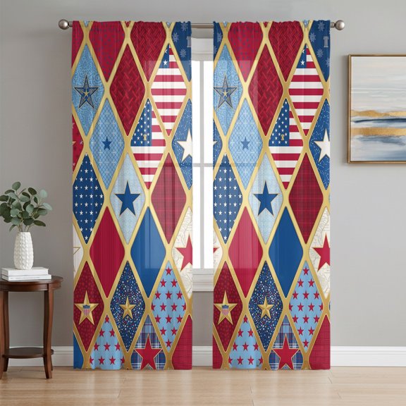 250 Anniversary Sheer Curtains 72 Inch Length 2 Panels Set, 4th of July Stars Striped Geometric Voile Window Treatment Rod Pocket Curtains Sheers Drapes for Bedroom/Living Room/Kitchen 52"x72"x2