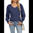 thumbnail image 2 of Camisas Casuales Holgadas de Larga para Mujer, Blusas Fruncidas con Cuello en V, Blusas de Moda. Azul Marino S, 2 of 10