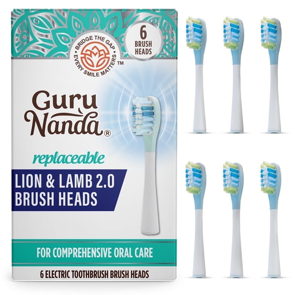 GuruNanda Lion & Lamb 2.0 Replacement Brush Head (Pack of 6), Round-Ended, Soft Dupont Bristles to Help with Plaque Control, BPA-free- White