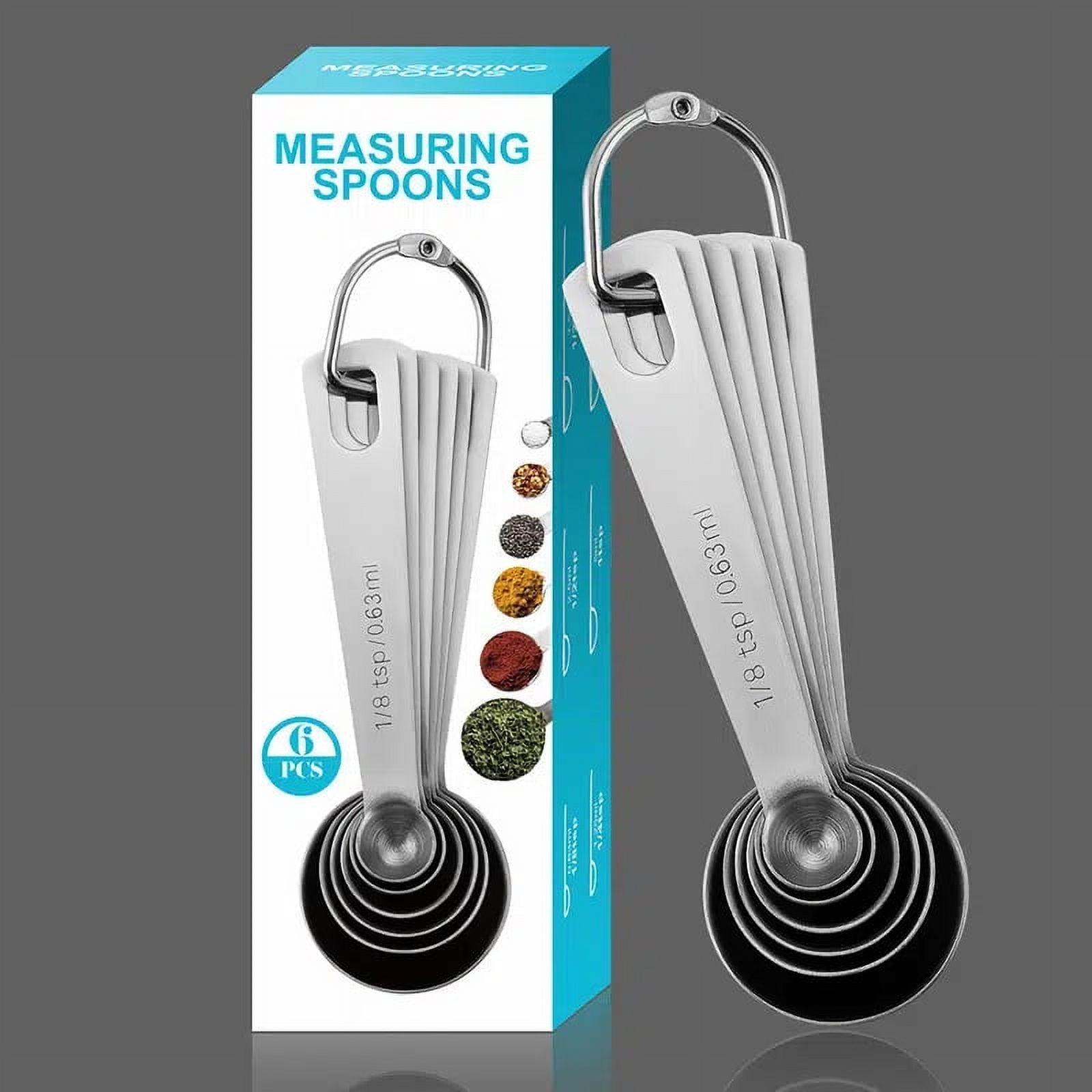 Accurate 18/8 Stainless Steel Measuring Spoons, Heavy Duty Good Handle Set  of 6 Measuring Spoon with Ring Connector, Silver