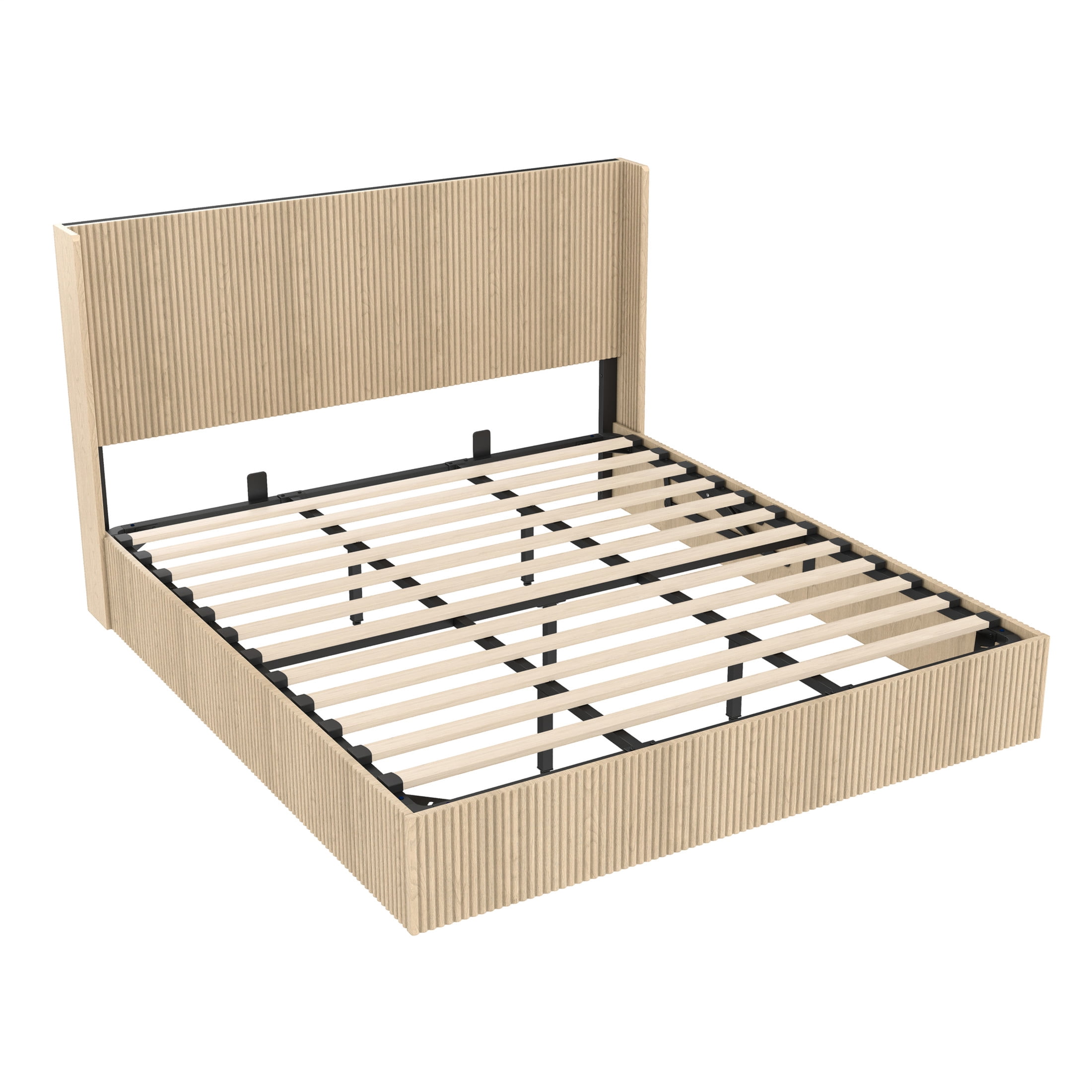 Noble House King Size Lift-Up Storage Bed Frame with Wood Headboard, Platform Bed, Oak
