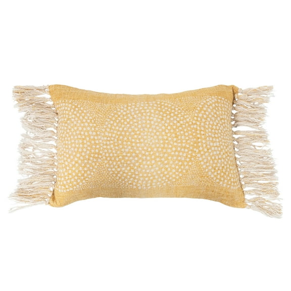Creative Co-Op Stonewashed Cotton Slub Lumbar Pillow with Dot Pattern and Fringe