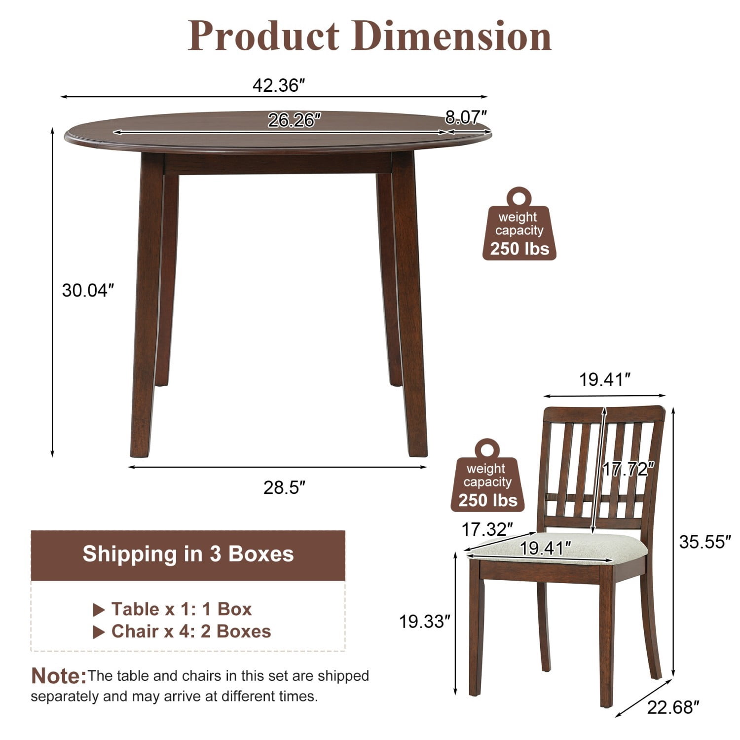 5-Piece Round Dining Table Set for 4 People Folding Wood Dining Table with 4 Upholstered Chairs Space Saving Dining Set for Small Apartment Kitchen Dining Area, Brown