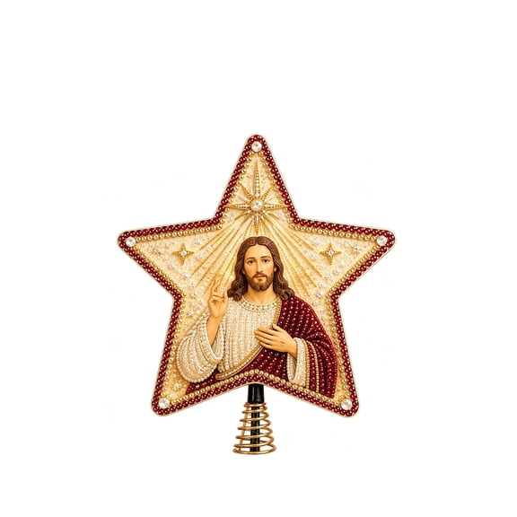 Religious Christmas Tree Topper, Star Frame with Christ Artwork for Home and Seasonal Display, Gold and Multicolor