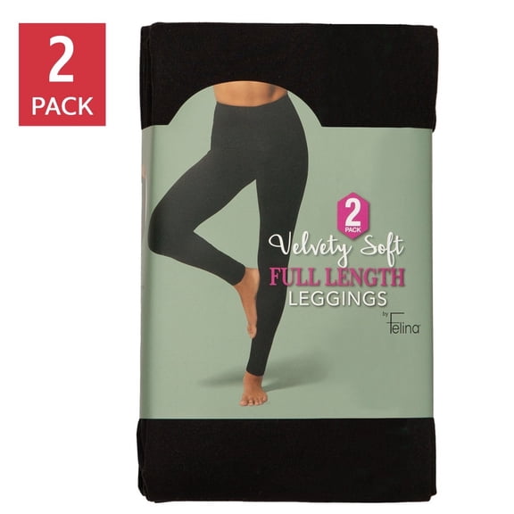 Felina Women's Velvety Soft Full Length Leggings, Black (2-Pack)