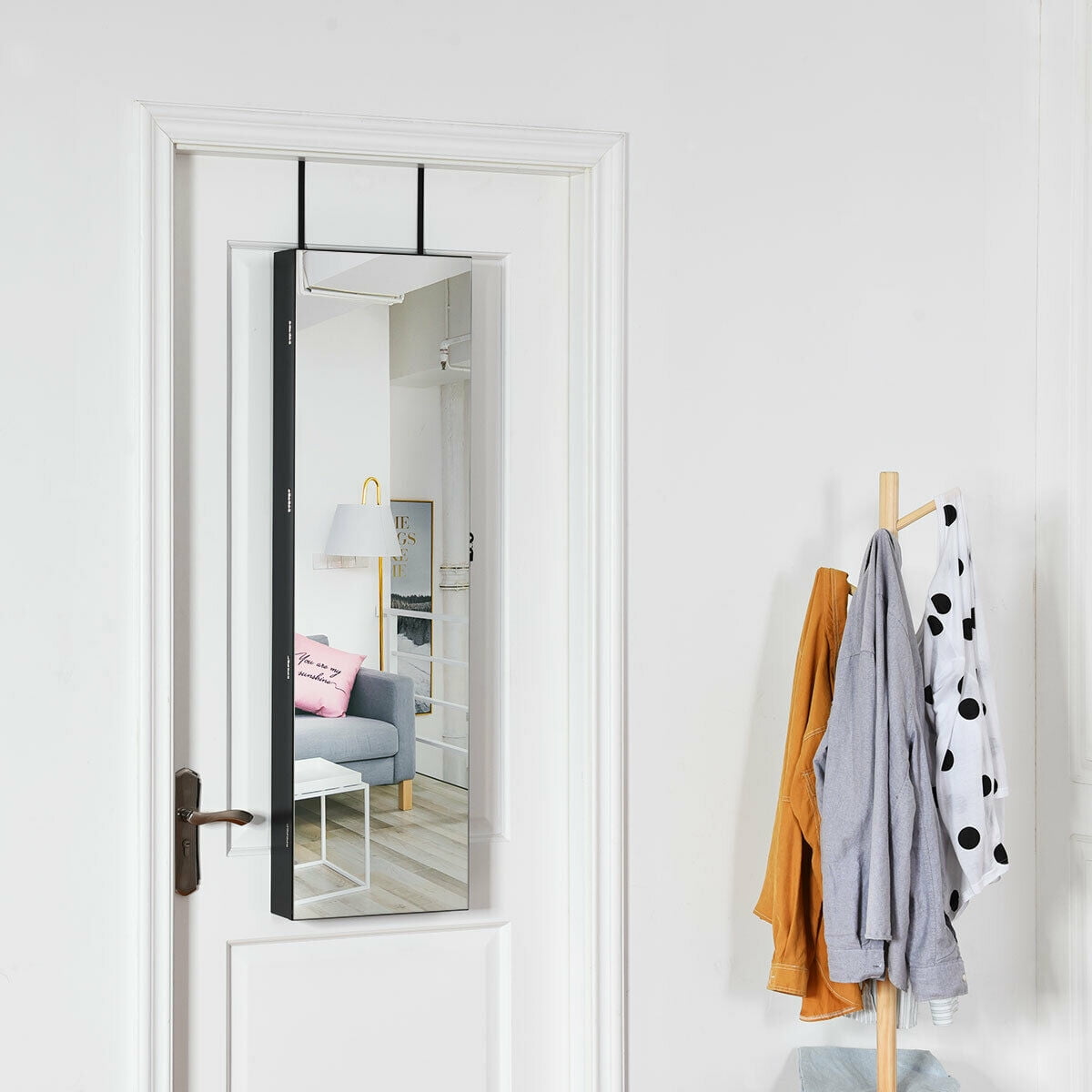 Gymax Wall & Door Mounted Mirrored Jewelry Storage Cabinet Storage with Lights & Drawer Black