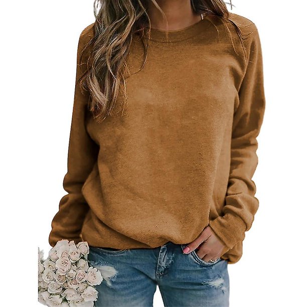 Long(72*78) Sudadera lisa de manga larga para mujer, Tops con cuello redondo, camiseta holgada informal de talla grande