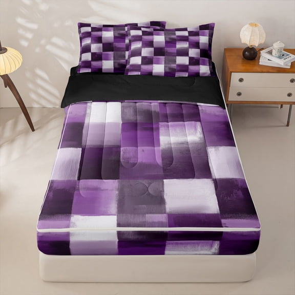 Homewish Purple Gradient Plaid Zipper Twin Comforter Sets with Fitted Sheet and 2 Pillowcases,Vintage Artwork Zipper Bedding Set,Black Reversible,4pcs