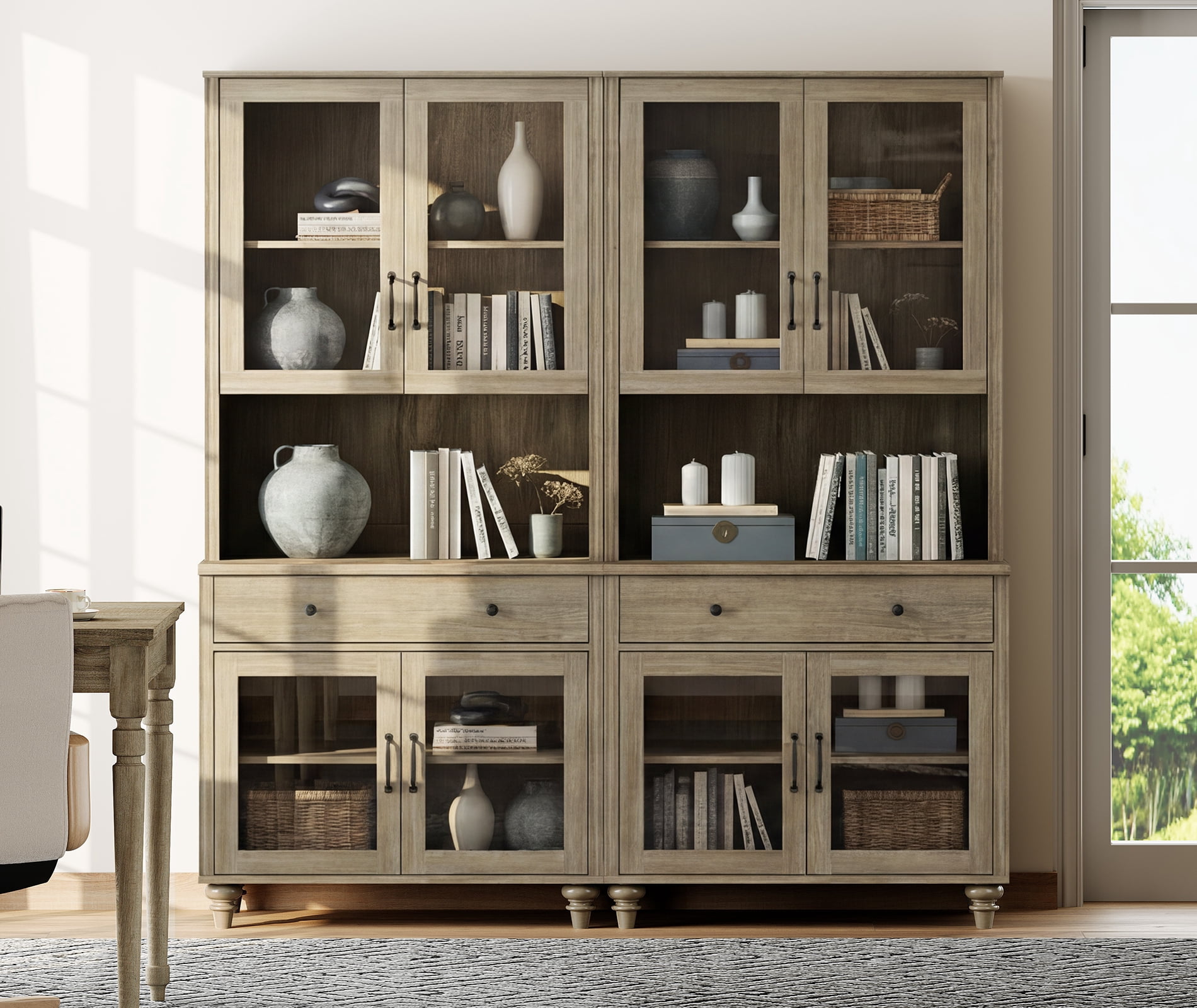 72.1"H × 67.7"W Bookcase with Glass Doors and Drawer, Large Farmhouse Bookcase with Bar Hutch, Suitable for Living Room, Bedroom, Home Office & Kitchen, Wash Gray