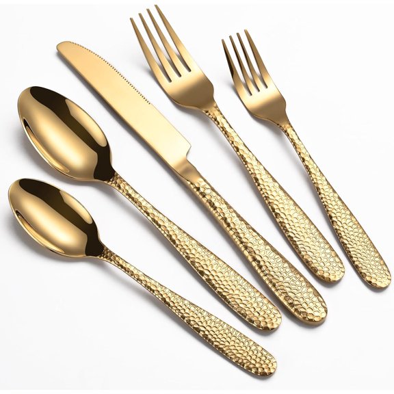 Gold Hammered Silverware Set, 40-Piece Heavy Duty Stainless Steel Flatware Sets for 8, Food-Grade Cutlery Set for Home Restaurant, Mirror Polished, Dishwasher Safe