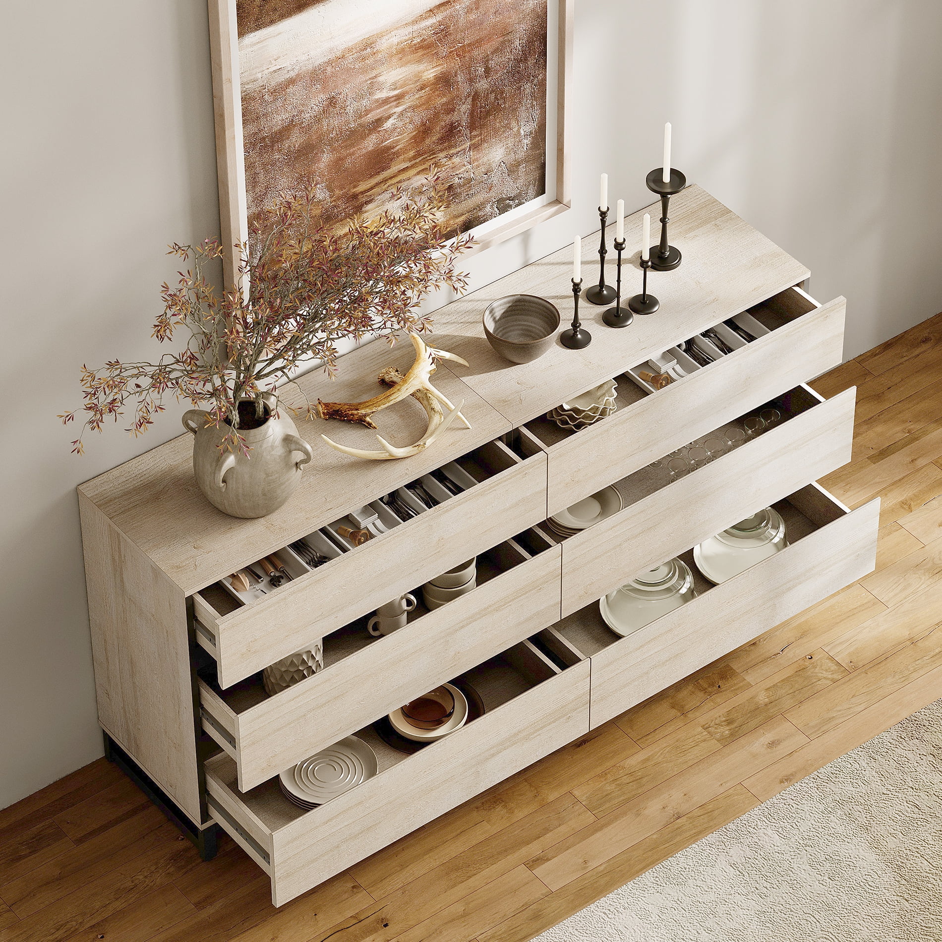 2 In 1 Multifunctional Sideboard Buffet Cabinets, Modern Sideboard With Adjustable Shelf And 6 Drawers, Coffee Bar Cabinet Storage Cabinet For Living Room, Kitchen,Beige
