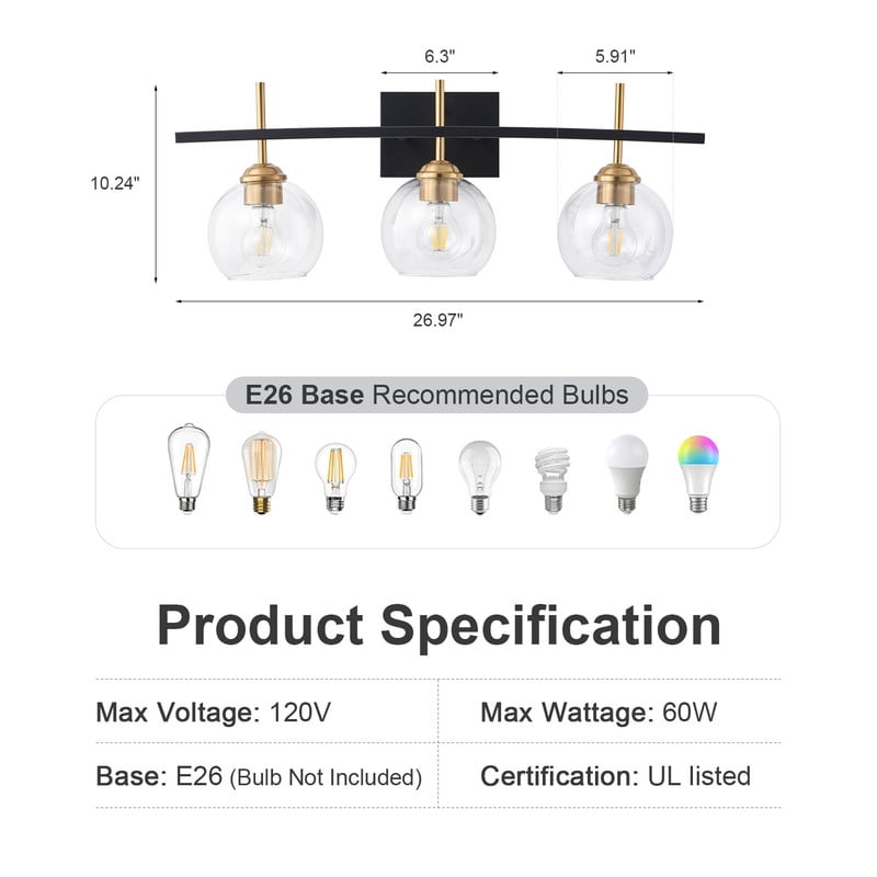 Modern 3-Light Vanity Light | Black & Gold Bathroom Light Fixture with Glass Shades | Industrial Wall Sconce for Bathroom, Vanity, Hallway