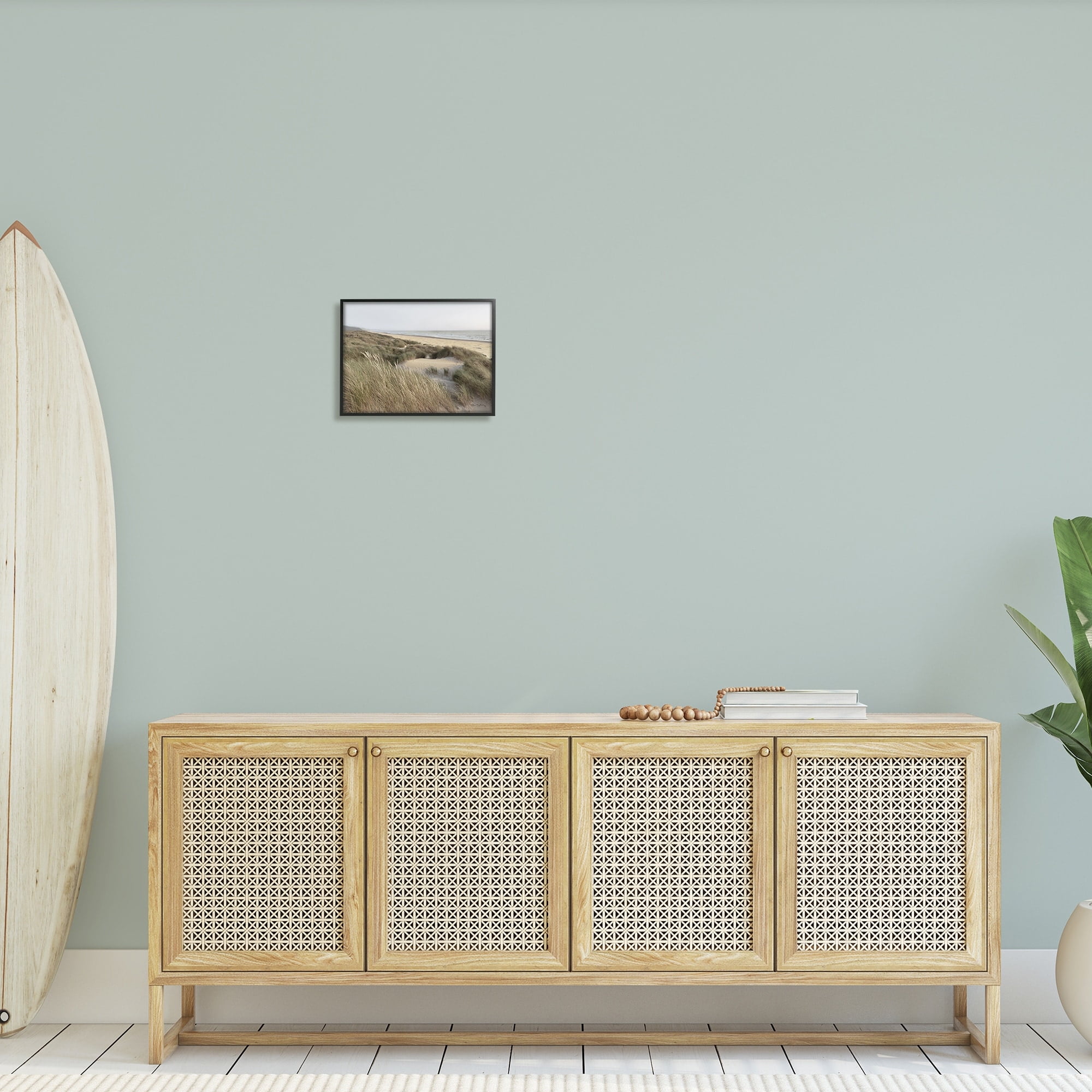 Stupell Industries Muted Beach Coast Tall Grassy Dunes Distant Mountains Photography Black Framed Art Print Wall Art, 14x11, by Alan Majchrowicz