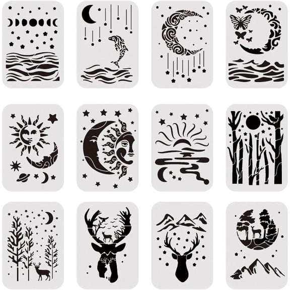 12PCS 8x12 Inches Mountains Rivers Trees Pattern Template Stencil Moon Star Elk Painting Stencil for Art Craft Painting Scrabooking and Decoration diy