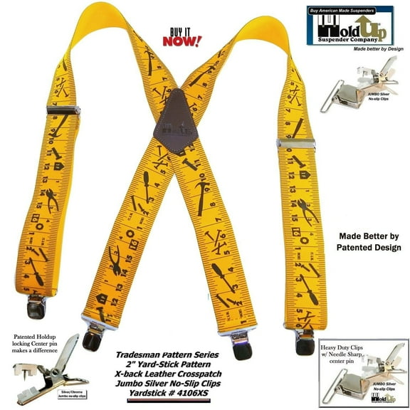 Hold-Ups Tradesman Series 2" Wide Suspenders in Yardstick Pattern with USA Patented No-slip Silver Clips