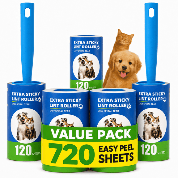 Lint Roller Refills With Handle, 6‑Pack 720 Sheets Extra Sticky Lint Remover For Pet Dog Cat Hair, Clothing, Furniture and Car