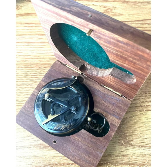 Antique Vintage Brass Compass Nautical Sundial With Wooden Box Décor Gift Item
