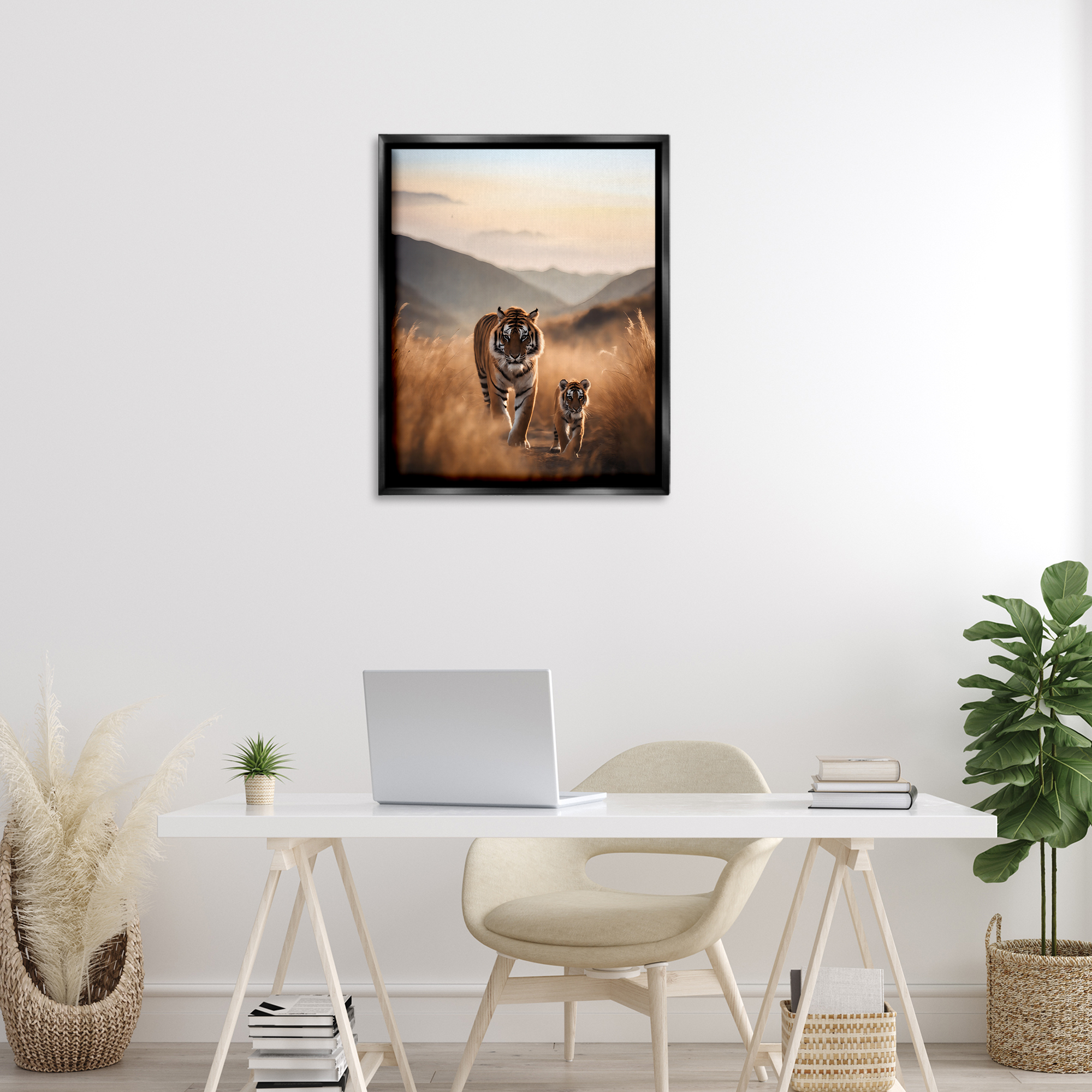 Stupell Industries Tiger & Cub on Savanna Animals Painting Black Floater Framed Canvas Art Print Wall Art, 25 x 31